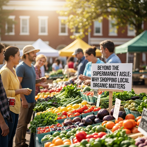A stylized image showing a farmer handing fresh, organic produce to a customer at a local market, symbolizing community connection and support.